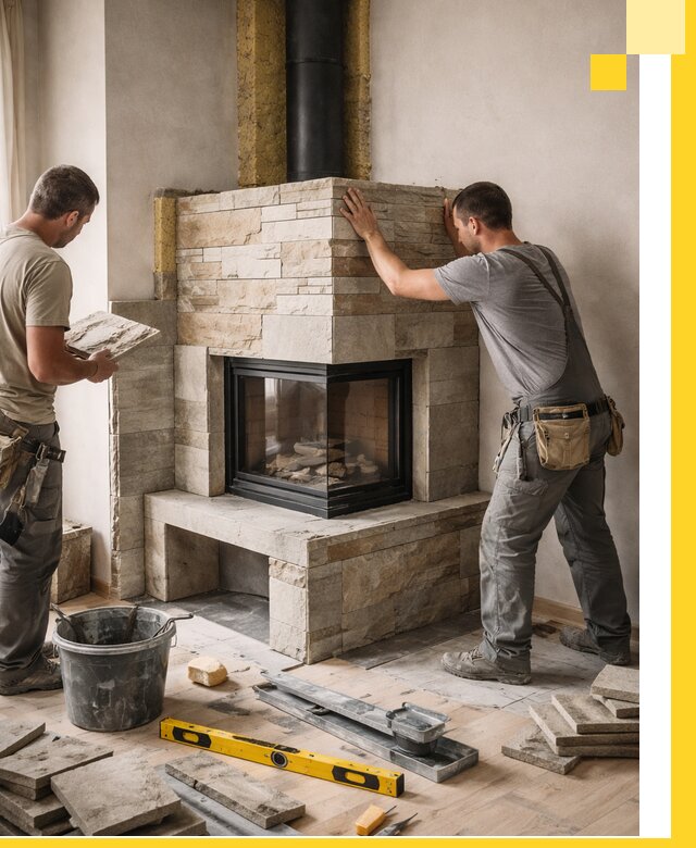 Угловые камины под ключ проект, монтаж и отделка в Усолье-Сибирском