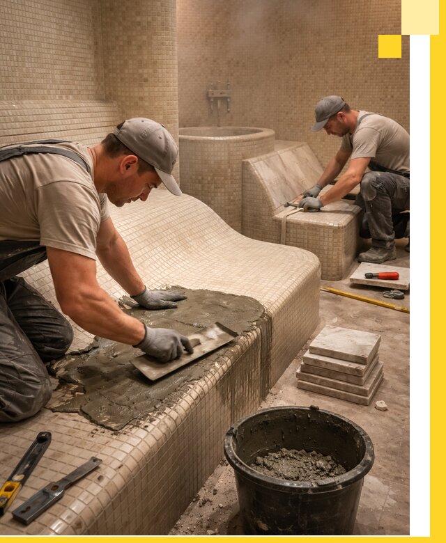 Лежаки для хамама под ключ в Усолье-Сибирском, проект и монтаж